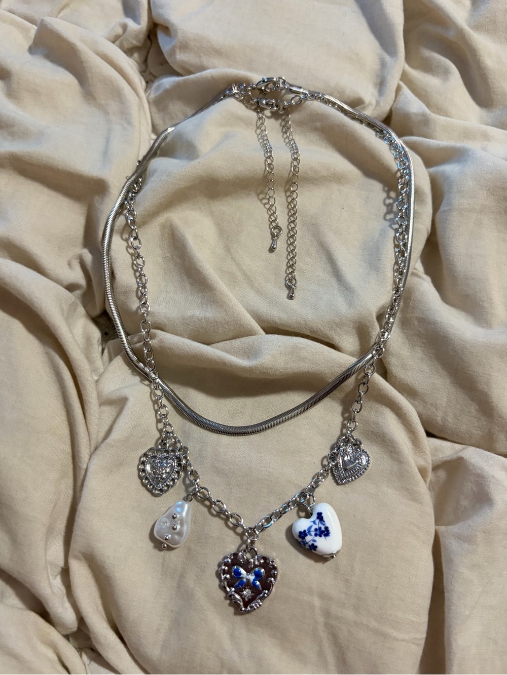 Free People Silver Whimsigoth Blue Floral Heart Charm Layered Necklace